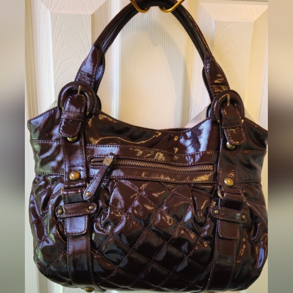 Maxx New York Majestic Hobo Patent Faux Leather Dark Brown Quilted Shoulder Bag